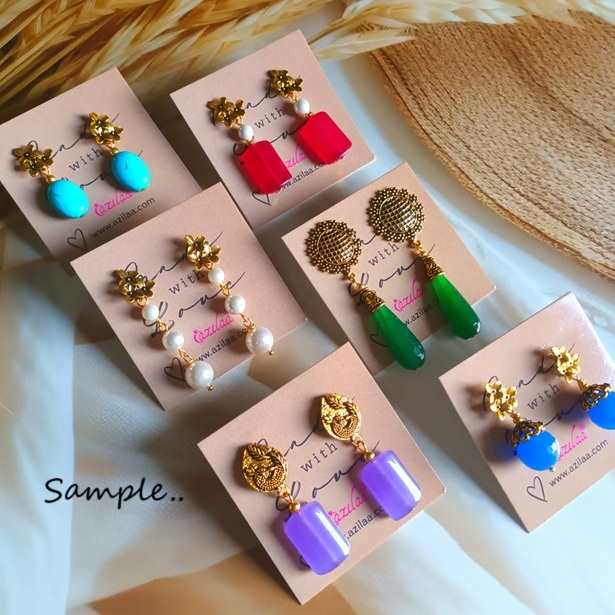 Hot Pink dangler gemstone antique golden post earrings