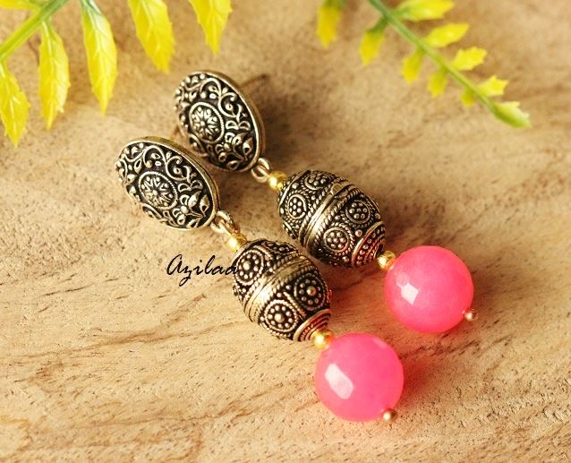 Hot pink Antique Gold tone handmade earrings