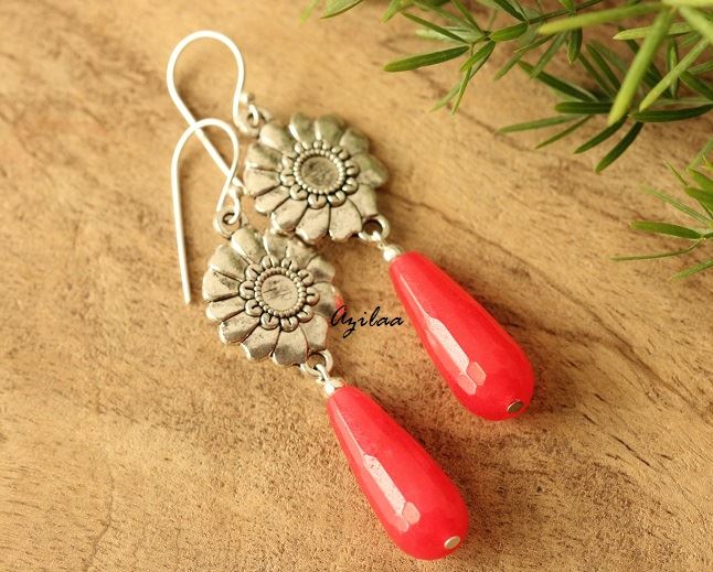 Hot pink Flower charm silver earrings