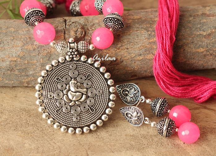 Hot pink Statement artisan handmade necklace earrings set