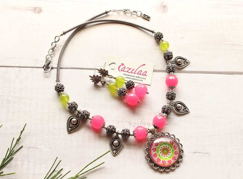 Boho Hot pink choker statement oxidized silver tone necklace set