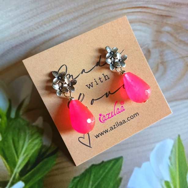 Hot pink drop gemstone antique silver tone earrings
