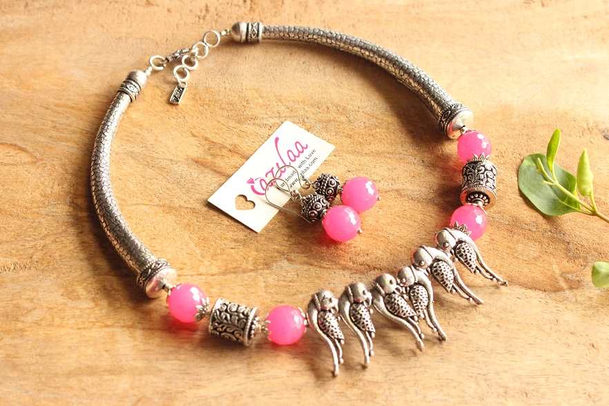 Hot pink parrot statement oxidized silver tone bird necklace set