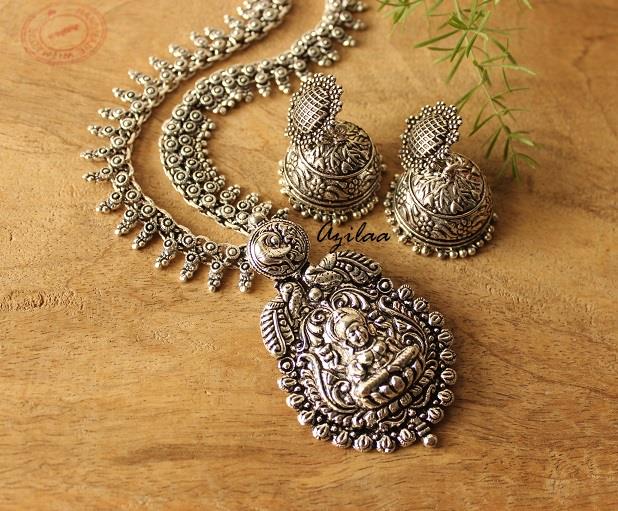 Indu Goddess antique silver plated statement necklace earring set