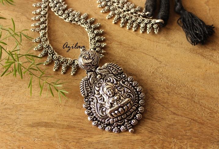 Indu Goddess antique silver plated statement necklace earring set