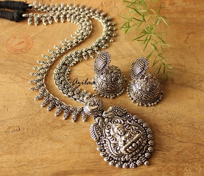 Indu Goddess antique silver plated statement necklace earring set