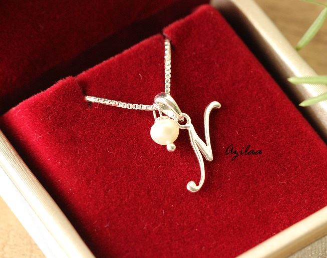 Initial N Sterling silver pearl charm alphabet Pendant
