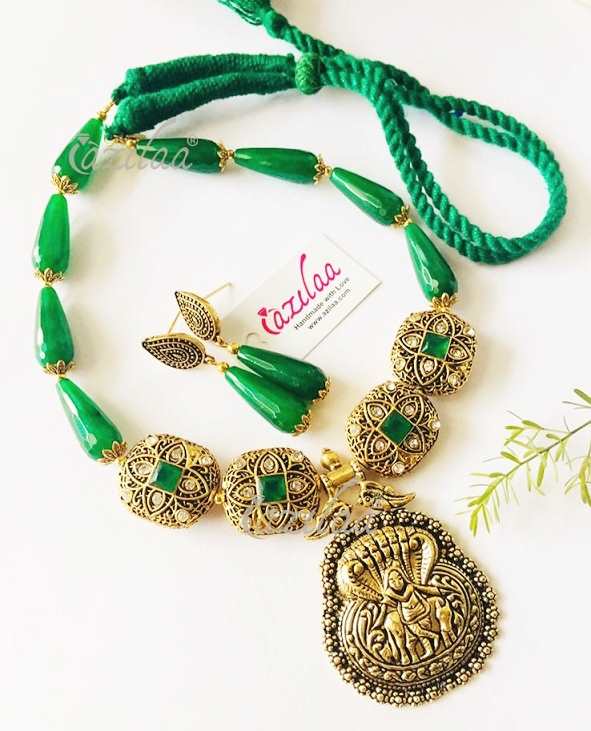 Krishna Green antique gold Statement handmade necklace set