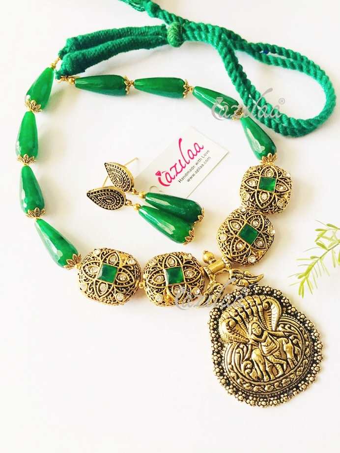 Krishna Green antique gold Statement handmade necklace set