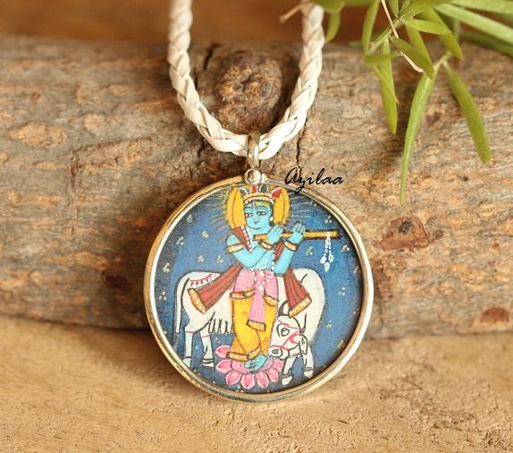 Krishna Hand painted handmade Pendant Cord necklace 
