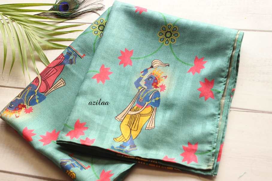 Krishna Madubani art blue  Tusser silk scarf 