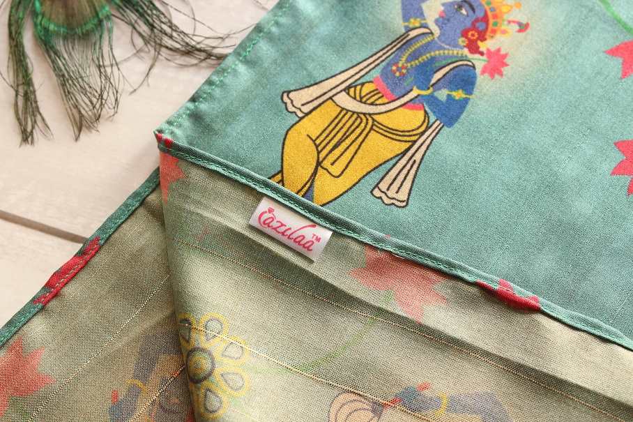 Krishna Madubani art blue  Tusser silk scarf 