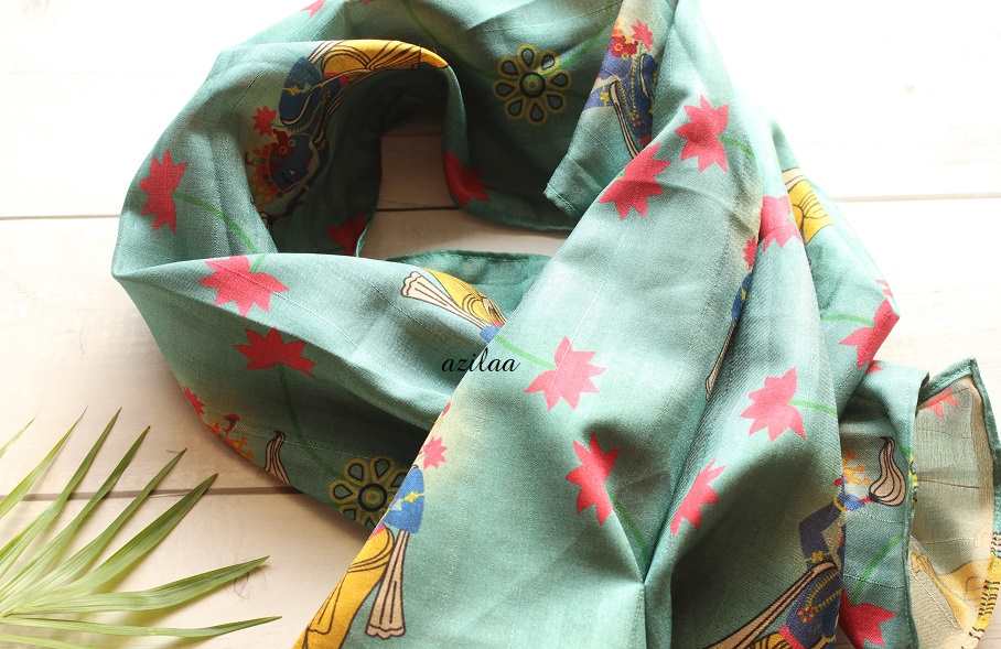 Krishna Madubani art blue  Tusser silk scarf 