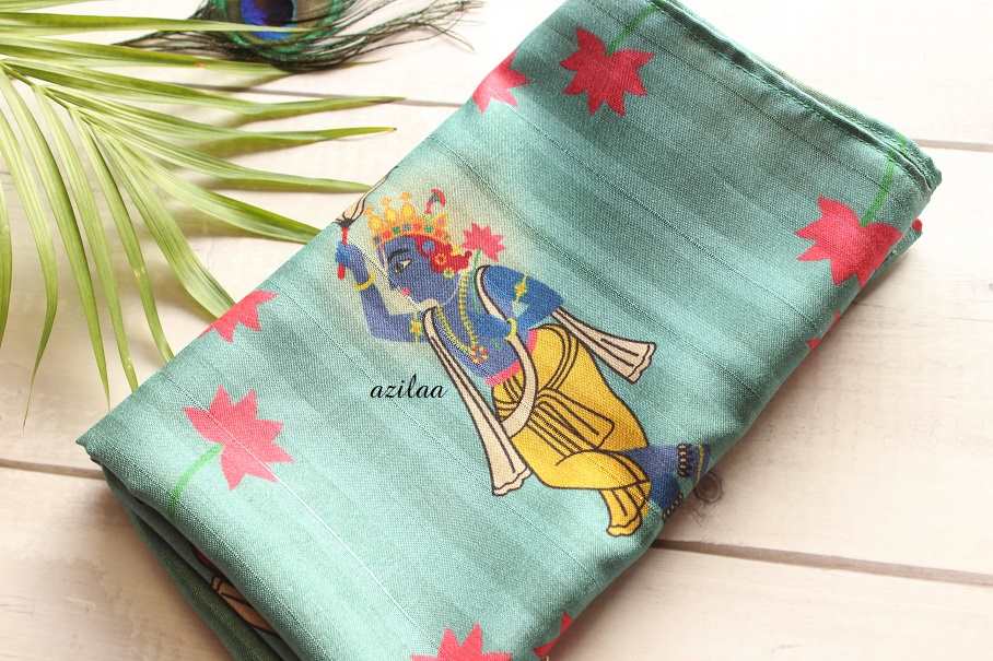 Krishna Madubani art blue  Tusser silk scarf 