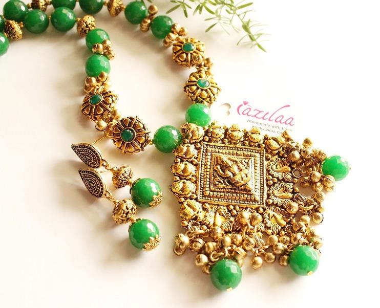 LAXMI Statement Green gemstone antique gold tone necklace set