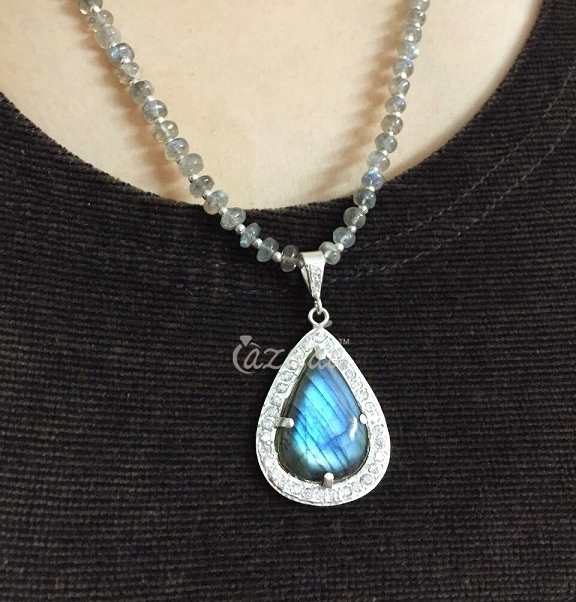  Labradorite gemstone sterling silver Pendant beaded Necklace