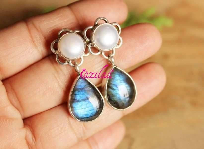 Labradorite pearl gemstone sterling silver handmade earrings