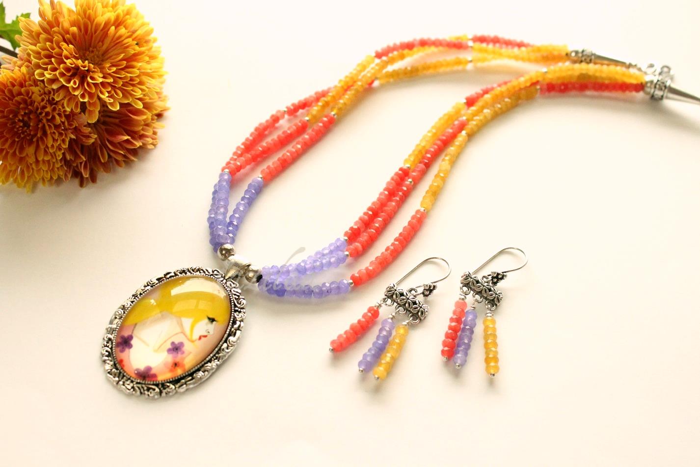 Lady painting pendant, Beaded gemstone necklace earrings set