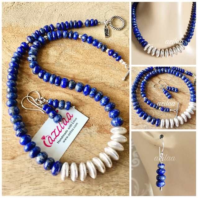 Lapis gemstone beaded handmade necklace set