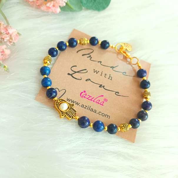 Lapis lazuli Birthstone golden beaded pearl bracelet