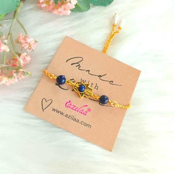 Lapis lazuli Birthstone golden charm beaded pearl bracelet