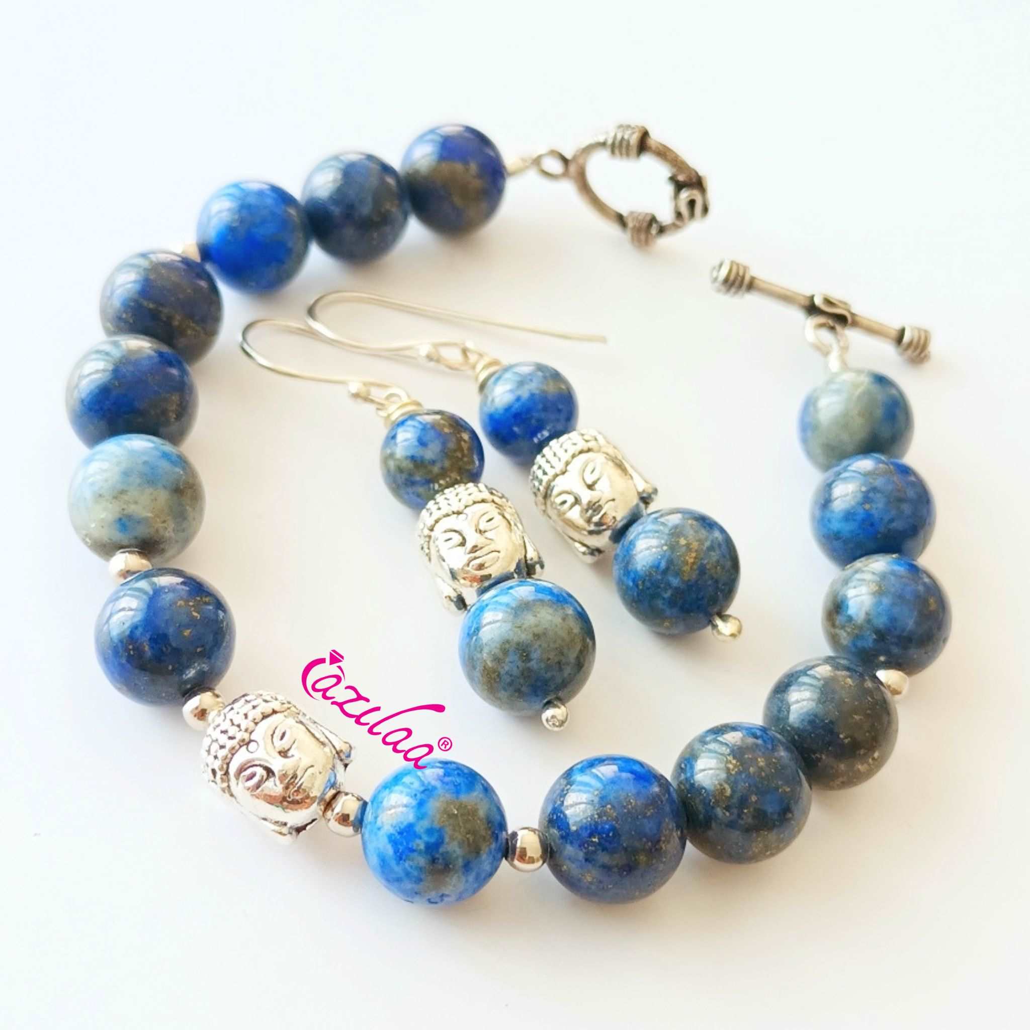 Lapis lazuli beaded buddha bracelet earrings set