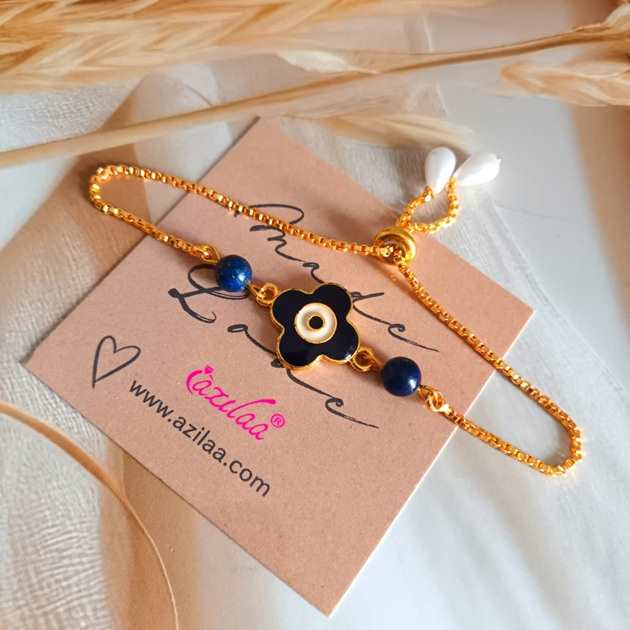 Lapis lazuli evil eye golden charm beaded pearl bracelet