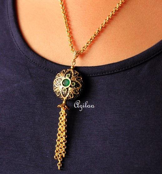 Lariat green designer handmade gold plated chain tassel necklace