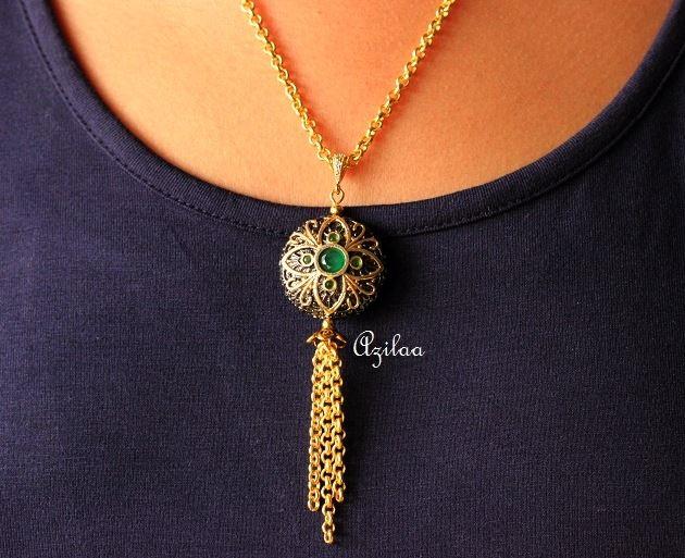 Lariat green designer handmade gold plated chain tassel necklace