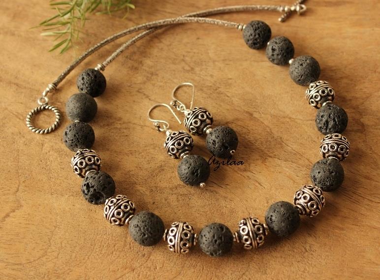 Exclusive lava bead necklace earrings set