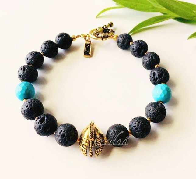 Lava stone viking beaded gemstone men bracelet