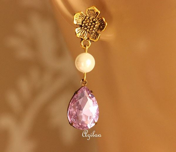 Lavender Antique Gold tone crystal glass handmade earrings