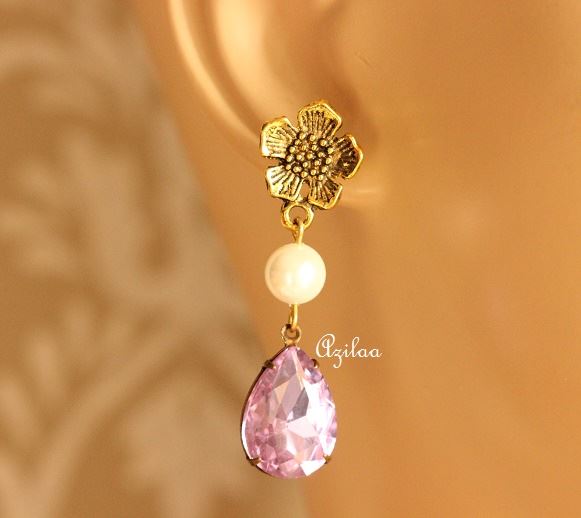 Lavender Antique Gold tone crystal glass handmade earrings