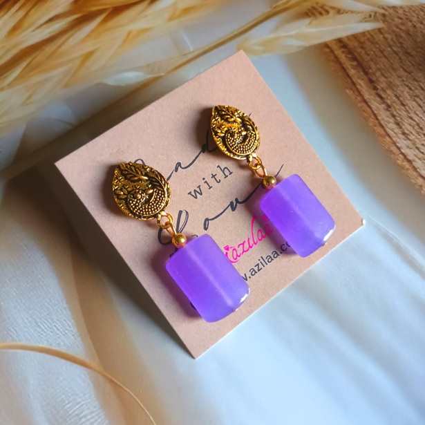 Lavender gemstone beaded dangler antique golden earrings