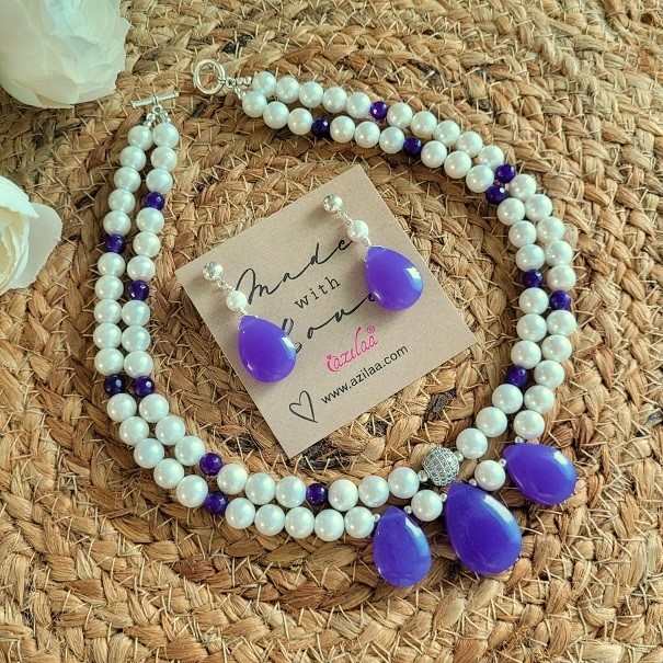 Lavender purple gemsone pearl necklace earrings set