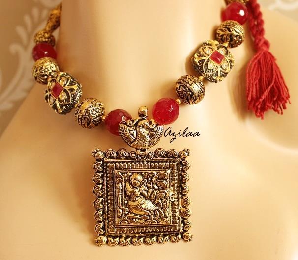 Laxmi pendant necklace earrings set, Maroon jewellery set