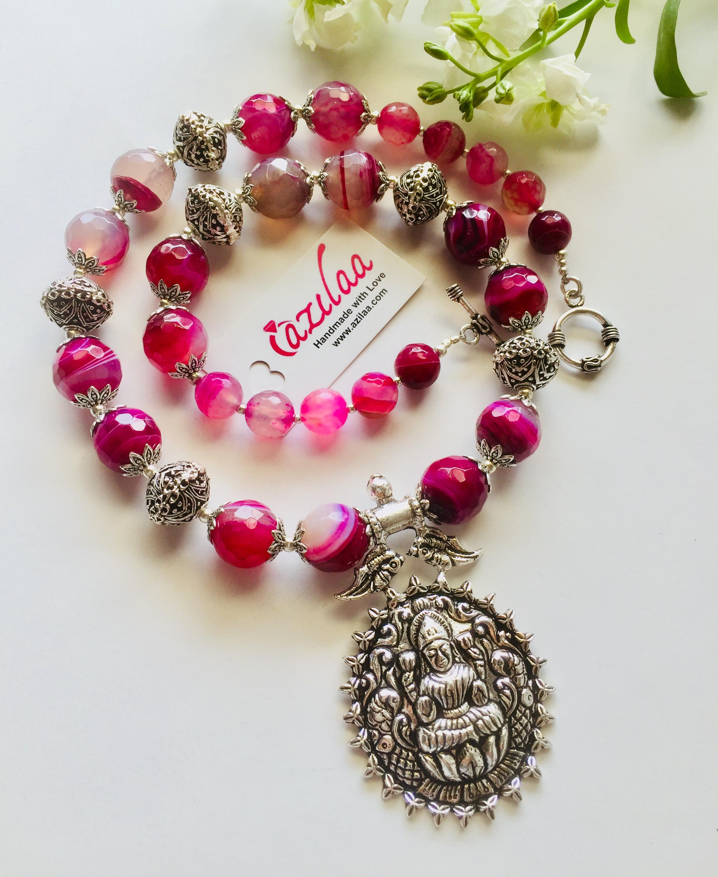 Laxmi goddess Pink necklace Pink beaded pendant necklace 