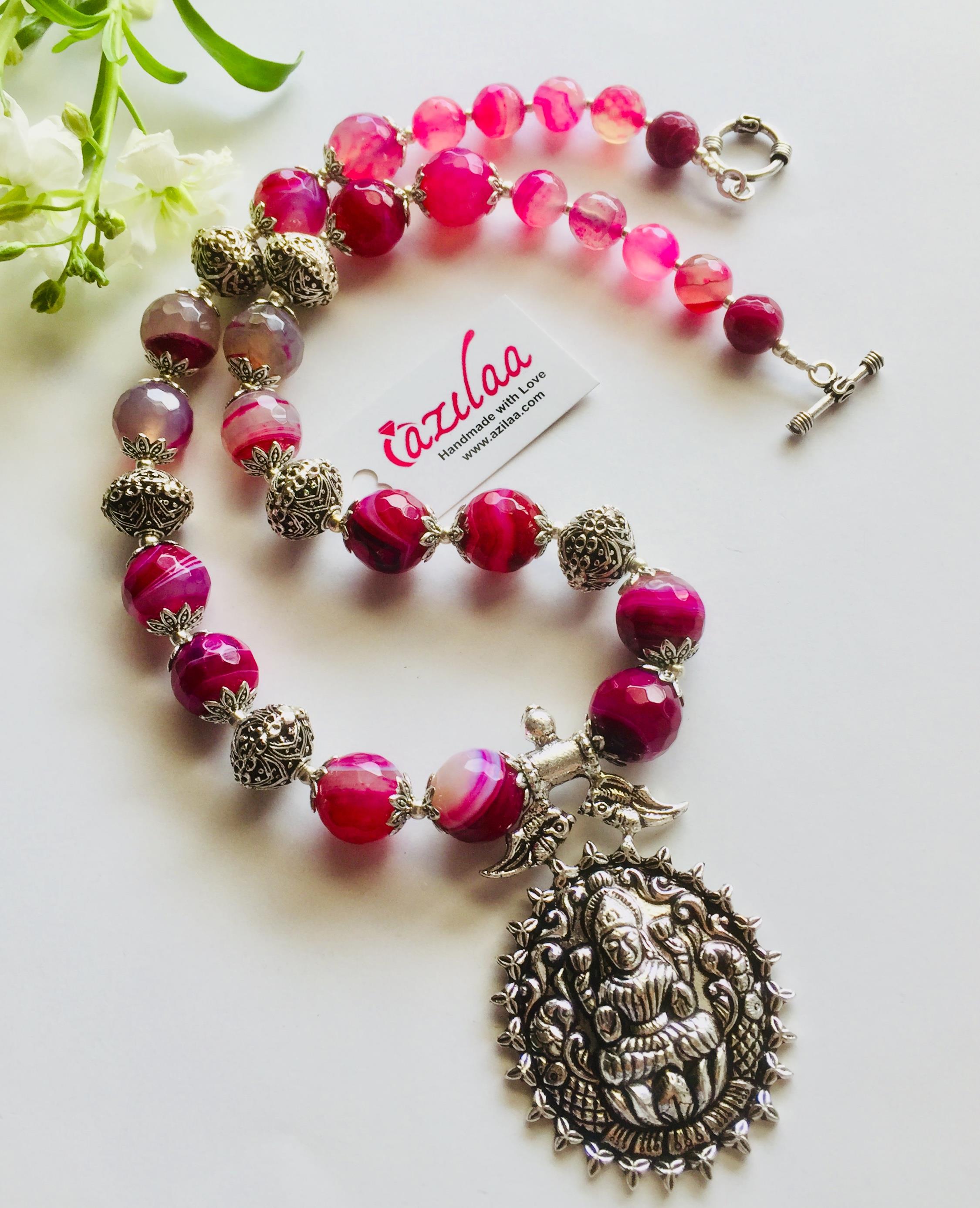 Laxmi goddess Pink necklace Pink beaded pendant necklace 