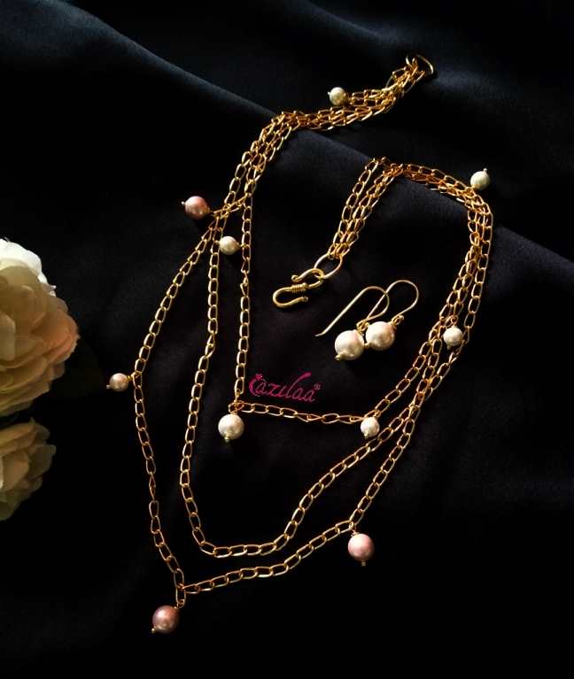 Layered chain designer gold plated pearl necklace set