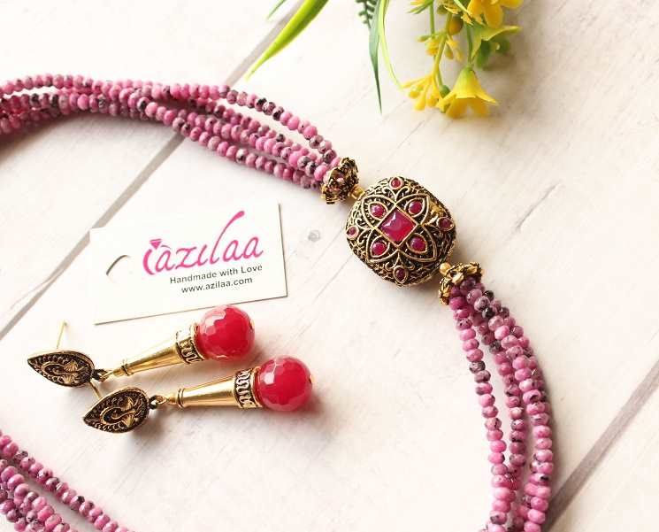 Layered mix pink antique golden necklace earrings set