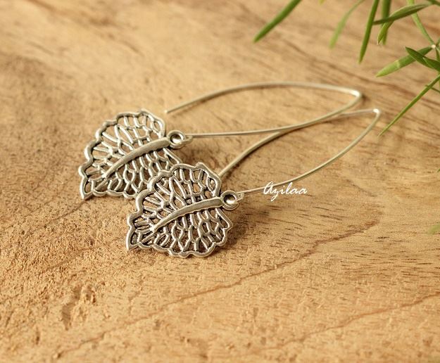 Leaf silver long dangler  earrings
