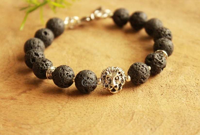 Leo Lion  Lava stone beaded gemstone men bracelet