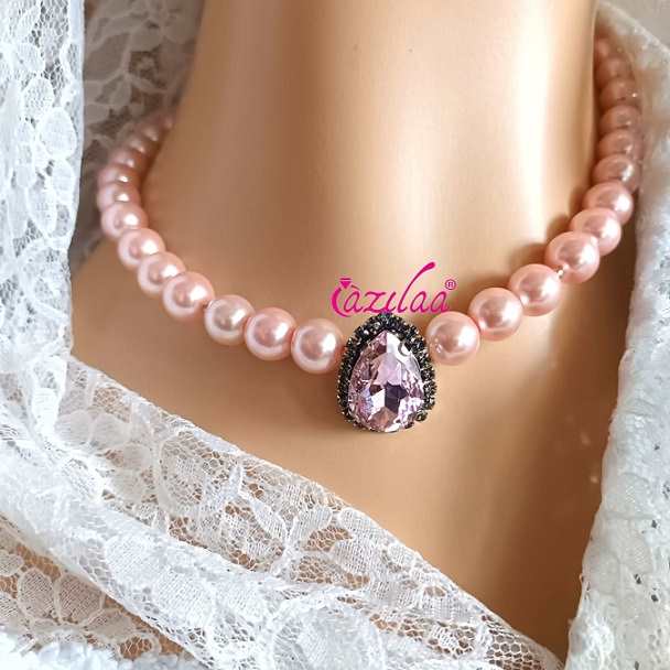 Light Pink pearl crystal pendant choker necklace earrings