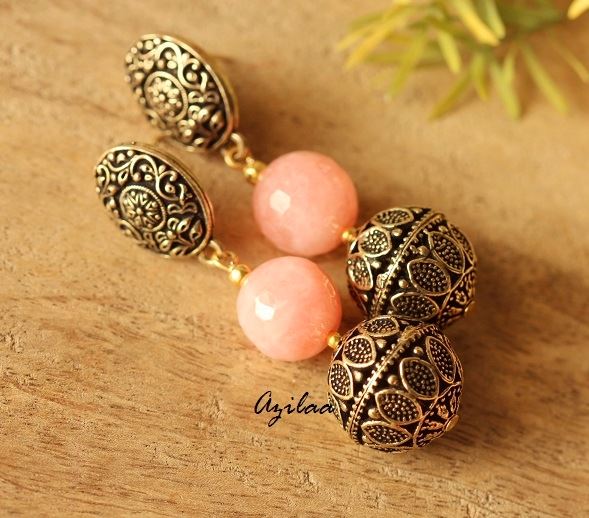Light pink Antique Gold tone handmade earrings