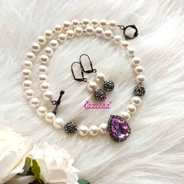 Light purple crystal pendant choker pearl necklace earrings