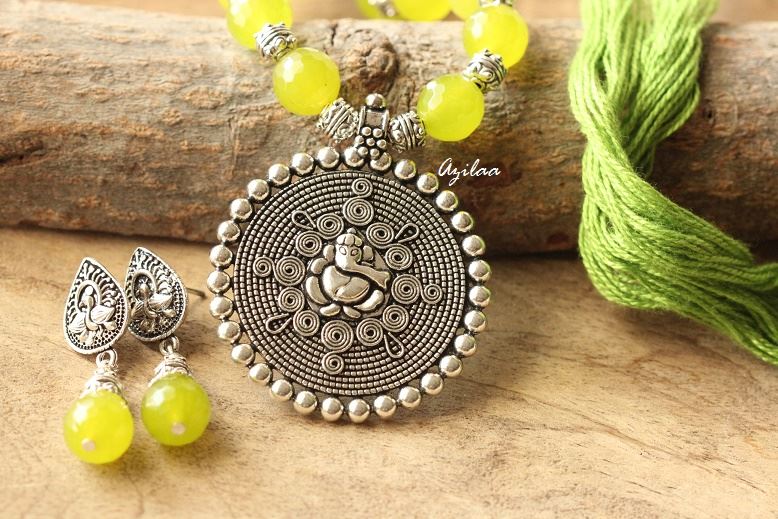 Lime Green Statement artisan handmade necklace earrings set