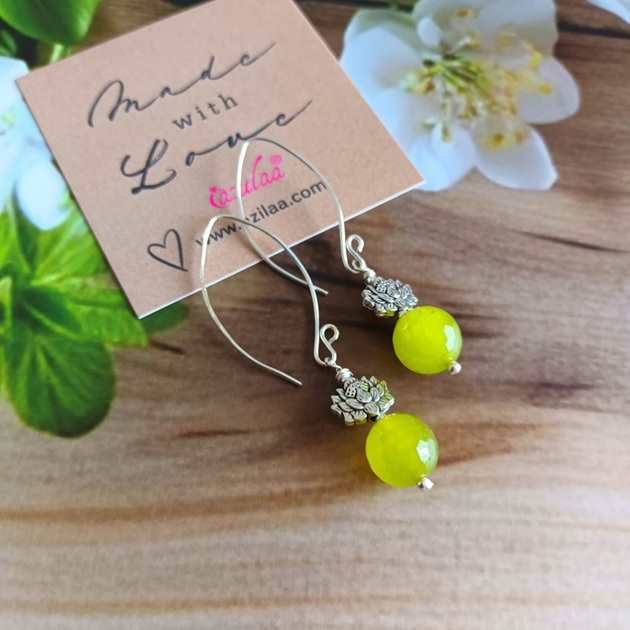 Lime green Gemstone long dangler silver lotus earrings