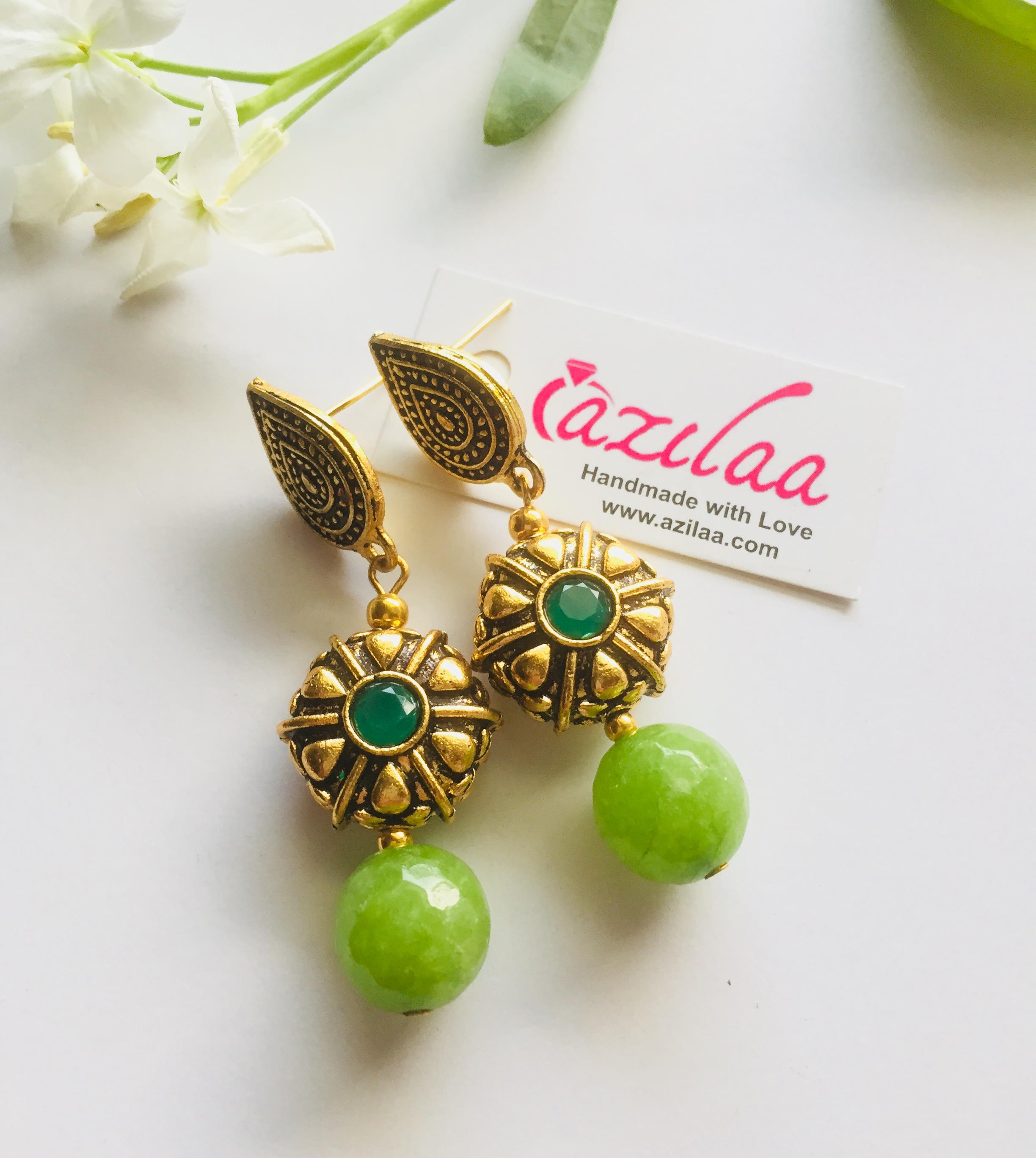 Lime green earrings bead gemstone gold tone Earrings