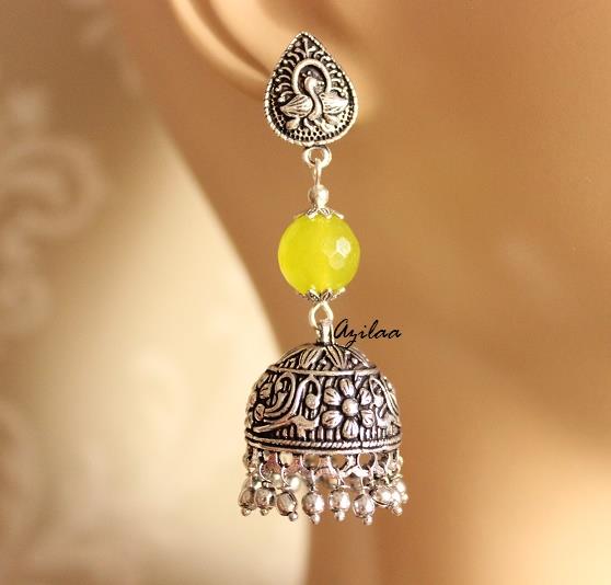 Lime green jhumki Handmade bead gemstone Earrings