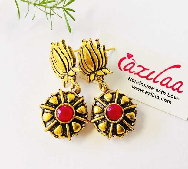 Lotus Antique red Golden handmade earrings